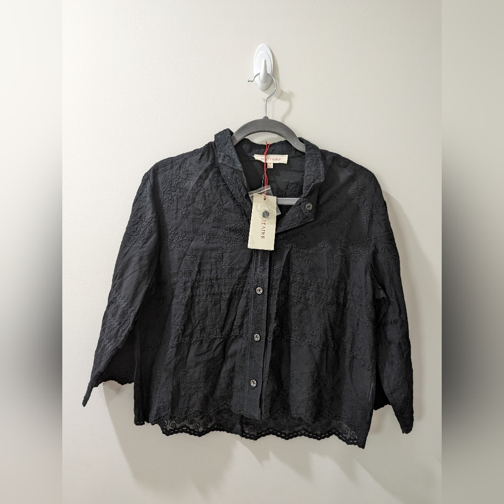 Solitaire Black Embroidered Button Down Top NWT